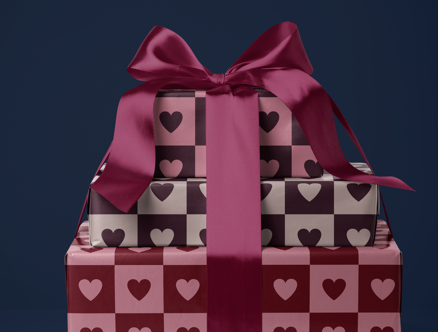 Checkered Heart Wrapping Paper | Geometric Heart Pattern in Dusty Pink & Muted Wine