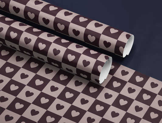 Checkered Heart Wrapping Paper | Geometric Heart Pattern in Light Oat & Deep Plum