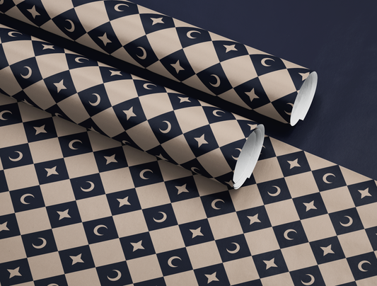Diamond Moon - Star Wrapping Paper | Harlequin Celestial Pattern in Navy & Warm Cream