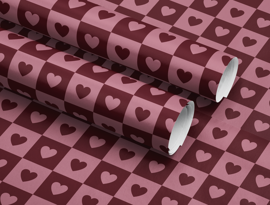 Checkered Heart Wrapping Paper | Geometric Heart Pattern in Warm Rose & Classic Red