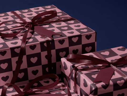 Checkered Heart Wrapping Paper | Geometric Heart Pattern in Dusty Pink & Muted Wine