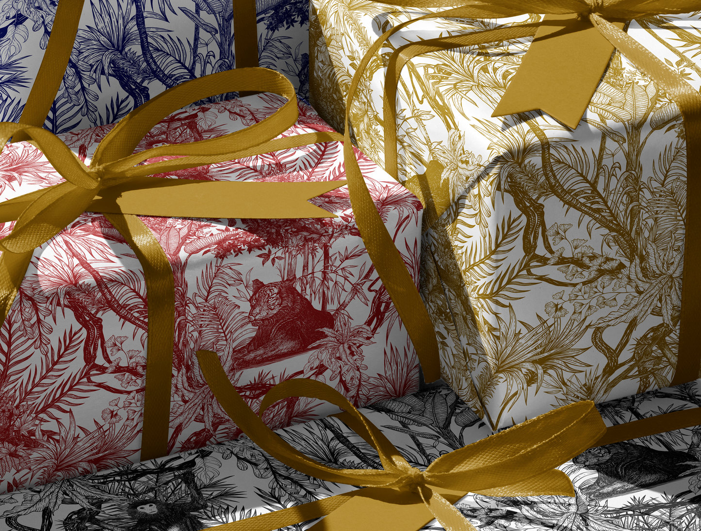 Noir Toile de Jouy Wrapping Paper | Hand-Drawn Exotic Jungle Art with Minimalist Elegance | Classic Black