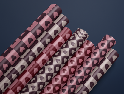 Checkered Heart Wrapping Paper | Geometric Heart Pattern in Dusty Pink & Muted Wine