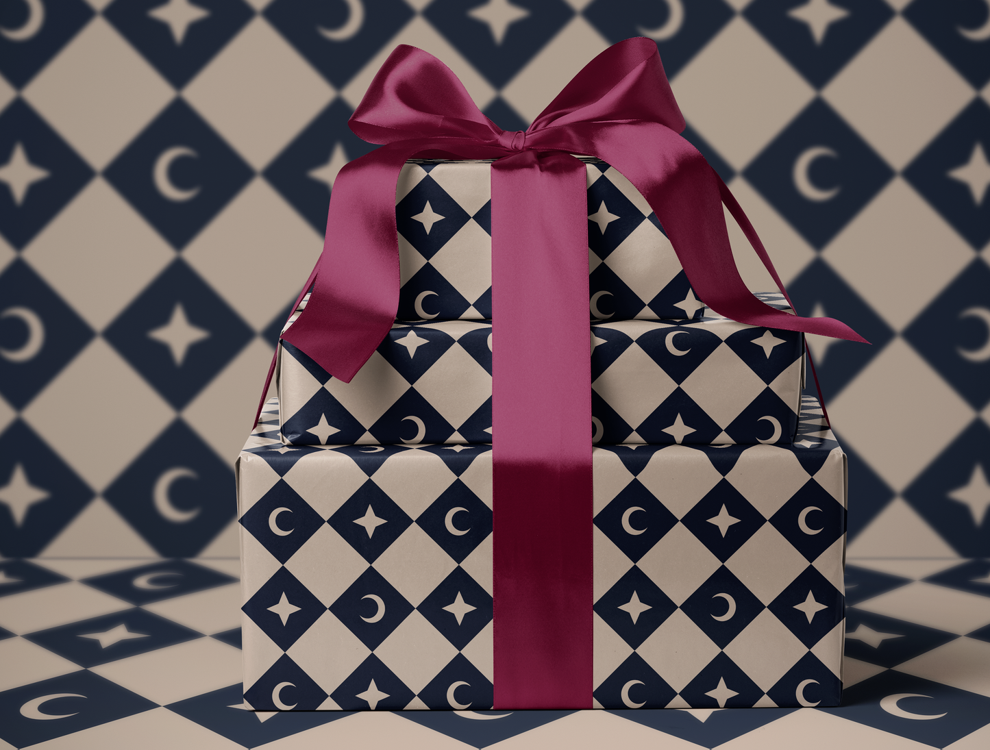 Diamond Moon - Star Wrapping Paper | Harlequin Celestial Pattern in Navy & Warm Cream