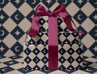 Diamond Moon - Star Wrapping Paper | Harlequin Celestial Pattern in Navy & Warm Cream
