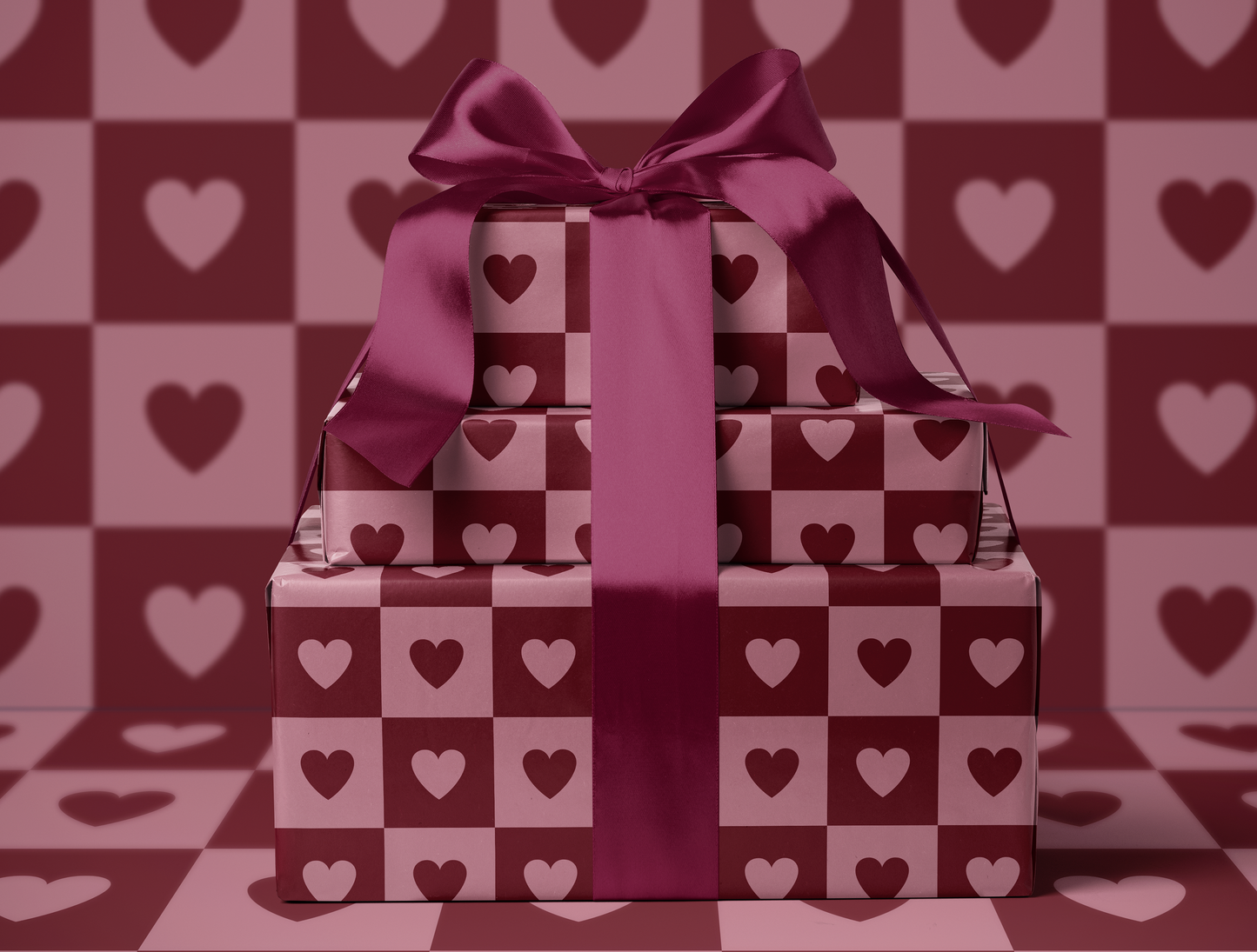 Checkered Heart Wrapping Paper | Geometric Heart Pattern in Warm Rose & Classic Red
