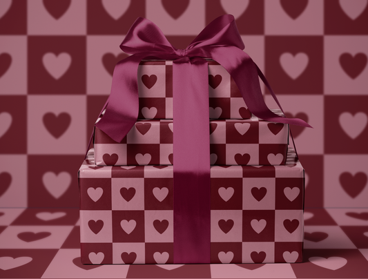 Checkered Heart Wrapping Paper | Geometric Heart Pattern in Warm Rose & Classic Red