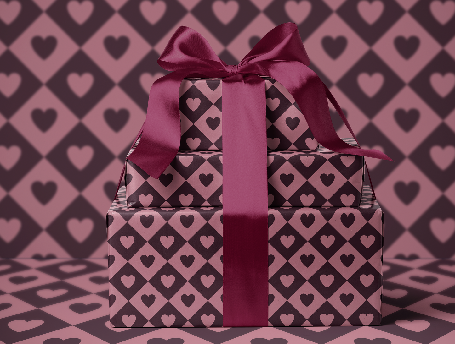 Diamond Heart Wrapping Paper | Harlequin Geometric Pattern in Dusty Rose & Deep Wine
