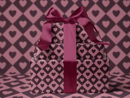 Diamond Heart Wrapping Paper | Harlequin Geometric Pattern in Dusty Rose & Deep Wine