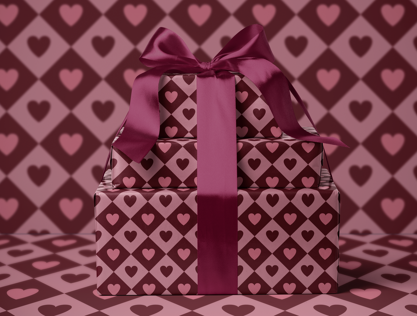 Diamond Heart Wrapping Paper | Harlequin Geometric Pattern in Warm Rose & Classic Red