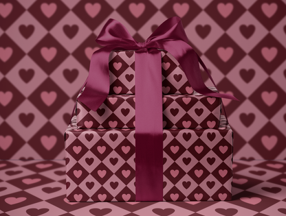 Diamond Heart Wrapping Paper | Harlequin Geometric Pattern in Warm Rose & Classic Red