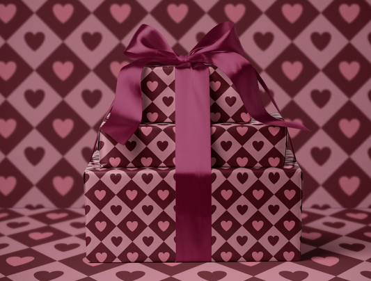 Diamond Heart Wrapping Paper | Harlequin Geometric Pattern in Warm Rose & Classic Red