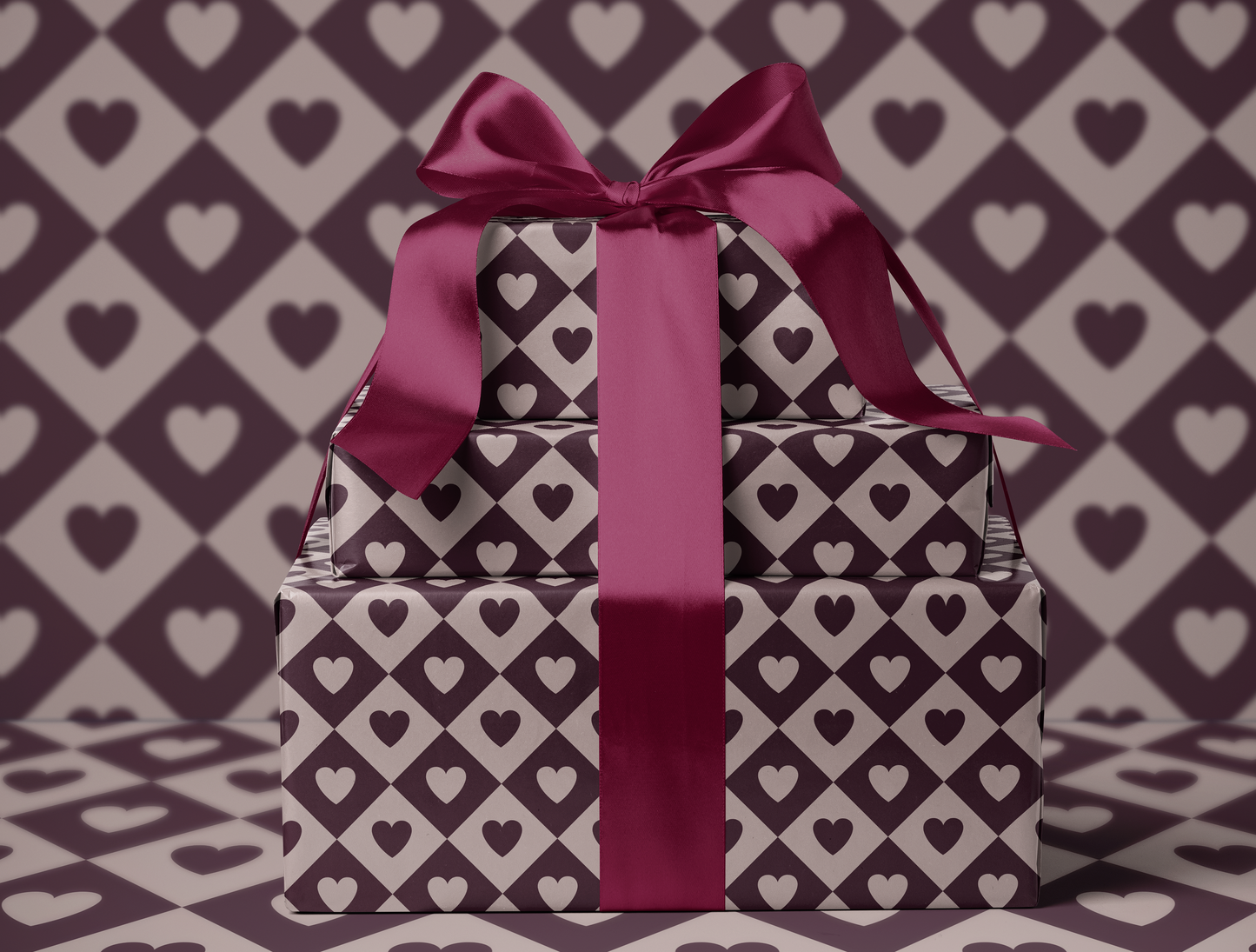 Diamond Heart Wrapping Paper | Harlequin Geometric Pattern in Light Oat & Deep Plum
