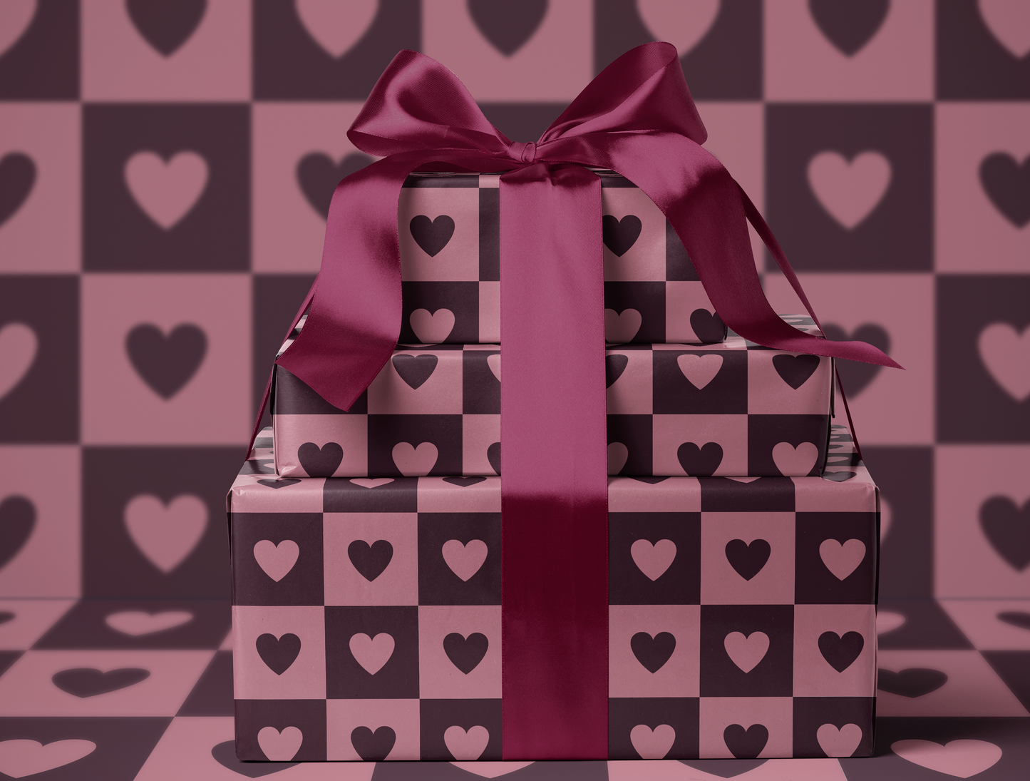 Checkered Heart Wrapping Paper | Geometric Heart Pattern in Dusty Pink & Muted Wine