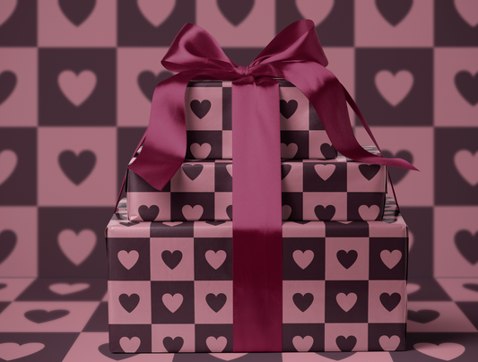 Checkered Heart Wrapping Paper | Geometric Heart Pattern in Dusty Pink & Muted Wine