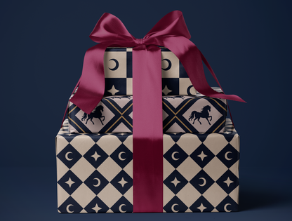 Checkered Moon - Star Wrapping Paper | Celestial Geometric Pattern in Navy & Warm Cream