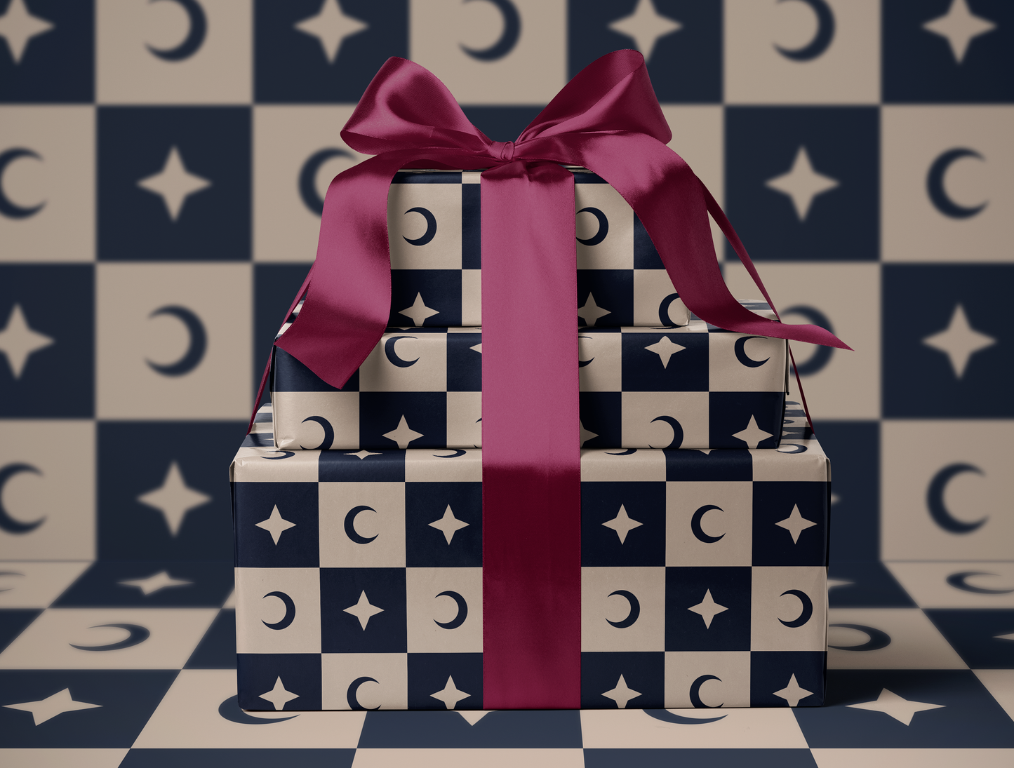 Checkered Moon - Star Wrapping Paper | Celestial Geometric Pattern in Navy & Warm Cream