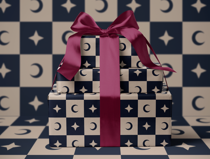 Checkered Moon - Star Wrapping Paper | Celestial Geometric Pattern in Navy & Warm Cream