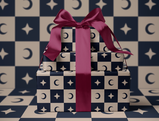 Checkered Moon - Star Wrapping Paper | Celestial Geometric Pattern in Navy & Warm Cream