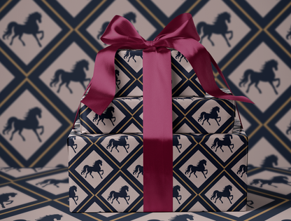 Diamond Horse Wrapping Paper | Geometric Diamond Horse Pattern in Navy - Blush & Gold