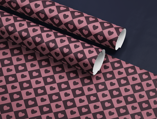 Diamond Heart Wrapping Paper | Harlequin Geometric Pattern in Dusty Rose & Deep Wine