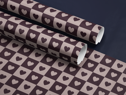 Papier Cadeau Cœur à Carreaux | Motif de Cœurs Géométriques Avoine Clair & Prune Intense