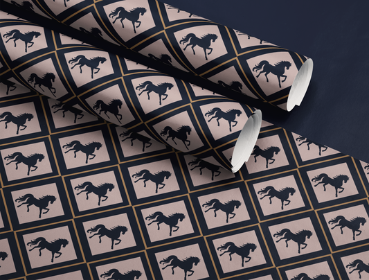 Diamond Horse Wrapping Paper | Geometric Diamond Horse Pattern in Navy - Blush & Gold