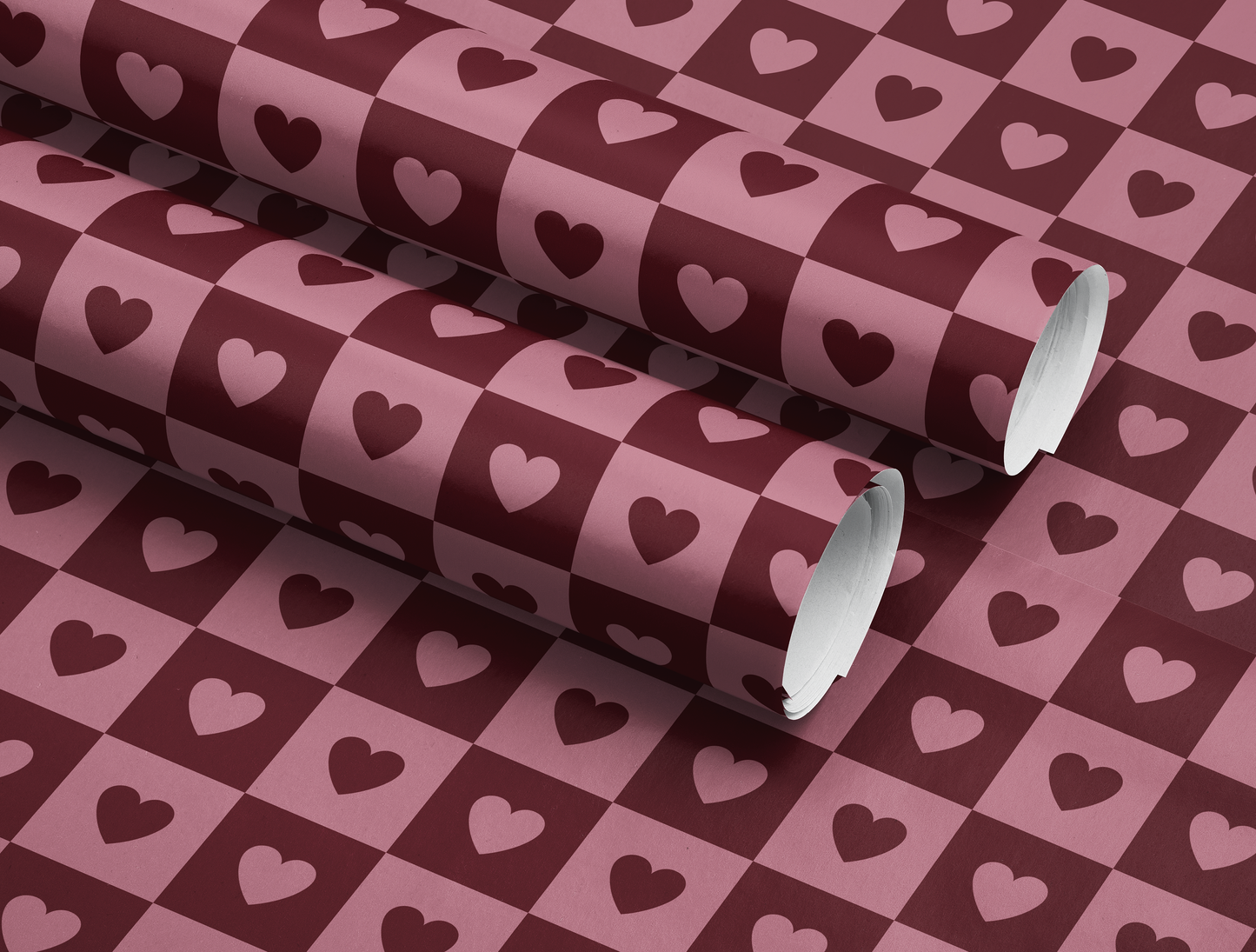 Checkered Heart Wrapping Paper | Geometric Heart Pattern in Warm Rose & Classic Red