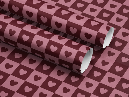 Checkered Heart Wrapping Paper | Geometric Heart Pattern in Warm Rose & Classic Red