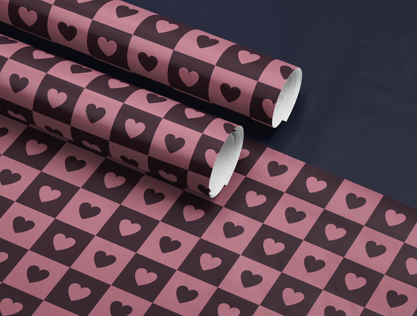 Checkered Heart Wrapping Paper | Geometric Heart Pattern in Dusty Pink & Muted Wine