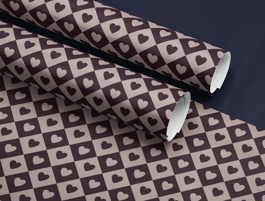 Diamond Heart Wrapping Paper | Harlequin Geometric Pattern in Light Oat & Deep Plum