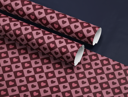 Diamond Heart Wrapping Paper | Harlequin Geometric Pattern in Warm Rose & Classic Red