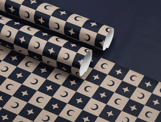 Checkered Moon - Star Wrapping Paper | Celestial Geometric Pattern in Navy & Warm Cream