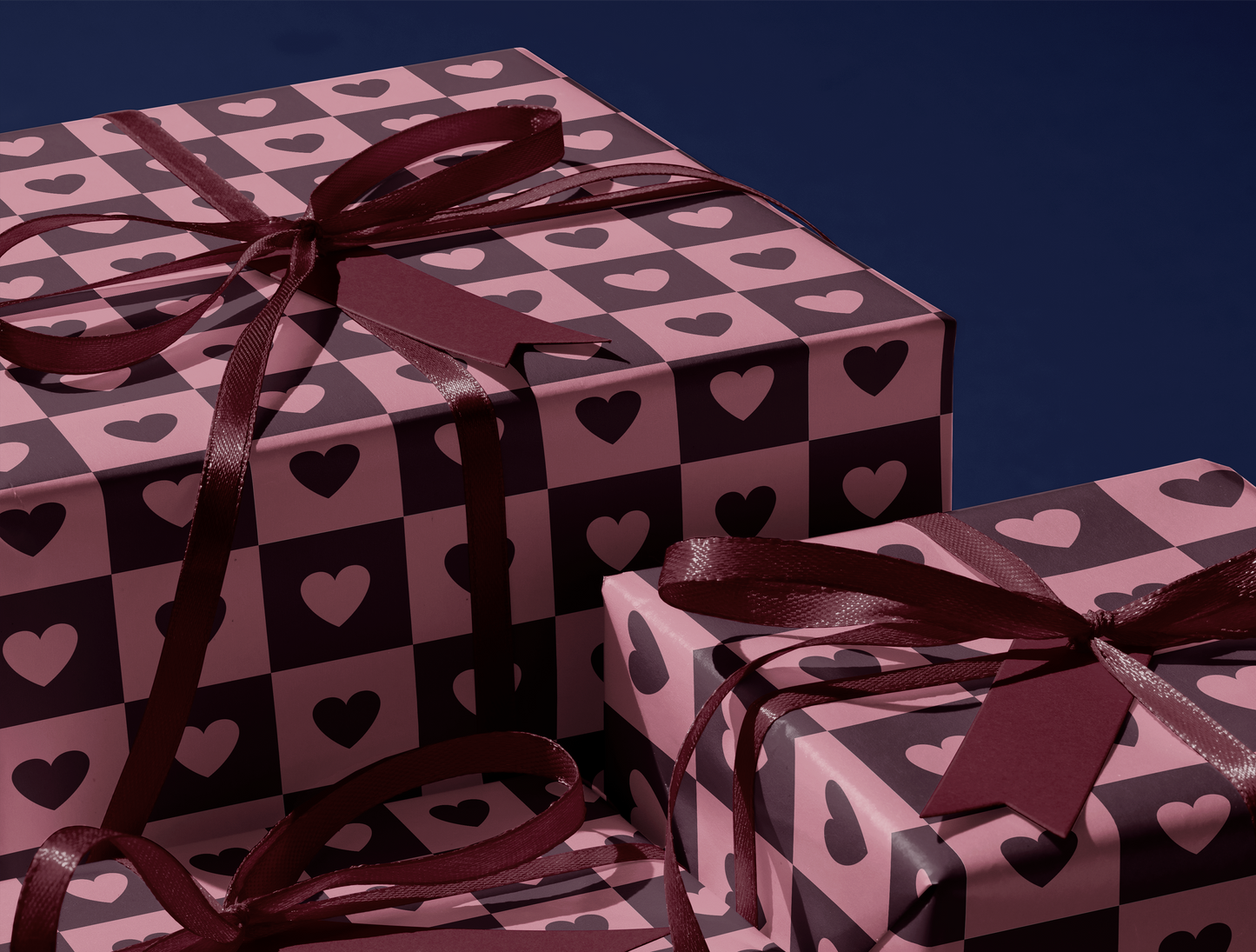 Checkered Heart Wrapping Paper | Geometric Heart Pattern in Dusty Pink & Muted Wine
