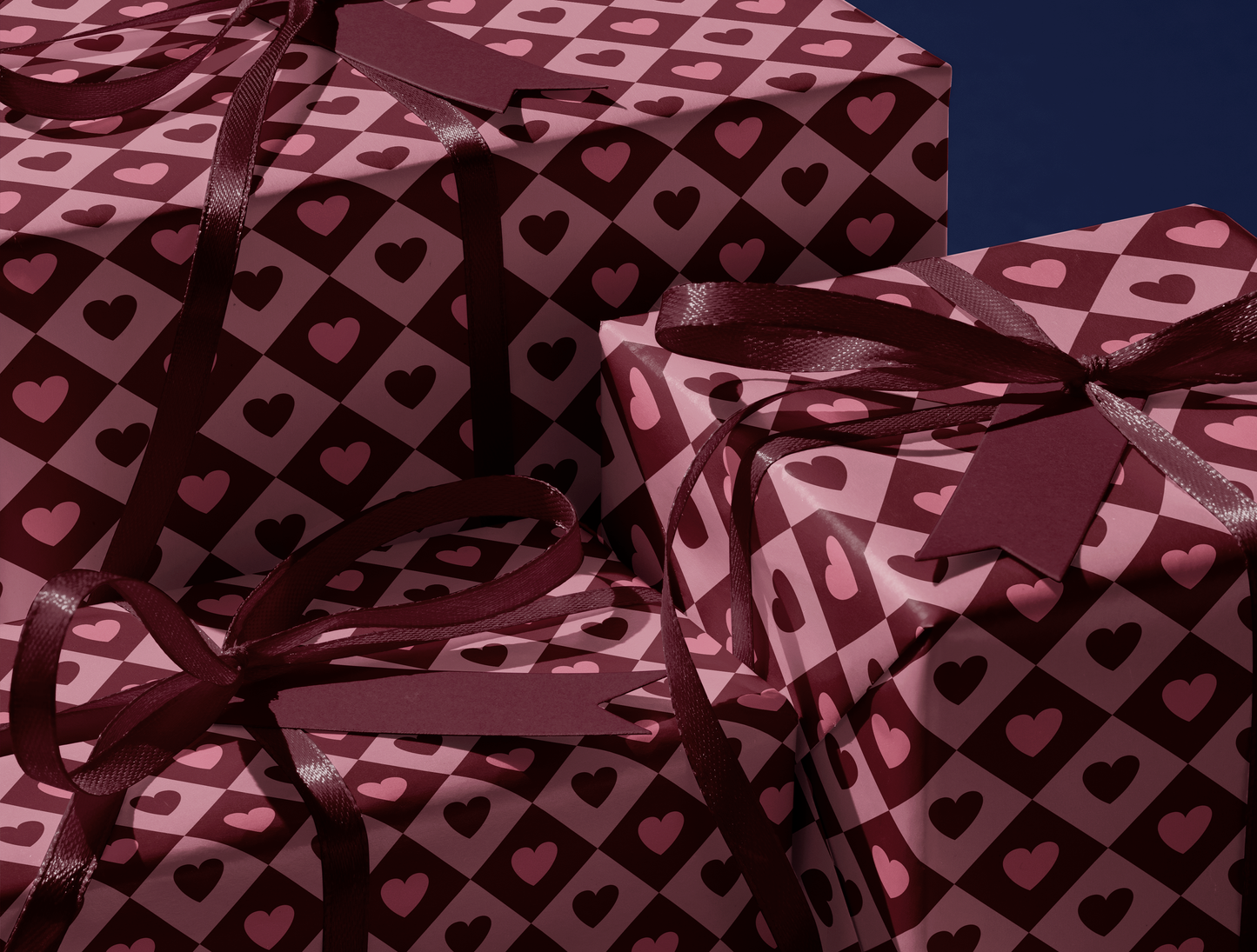 Diamond Heart Wrapping Paper | Harlequin Geometric Pattern in Warm Rose & Classic Red
