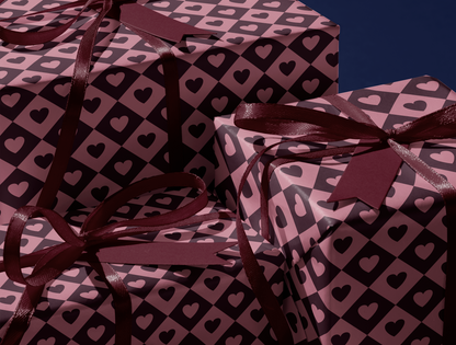 Diamond Heart Wrapping Paper | Harlequin Geometric Pattern in Dusty Rose & Deep Wine