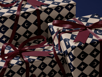 Diamond Moon - Star Wrapping Paper | Harlequin Celestial Pattern in Navy & Warm Cream
