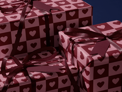 Checkered Heart Wrapping Paper | Geometric Heart Pattern in Warm Rose & Classic Red