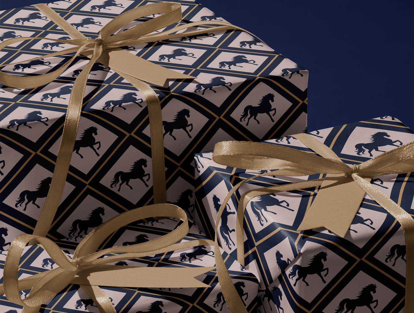 Diamond Horse Wrapping Paper | Geometric Diamond Horse Pattern in Navy - Blush & Gold