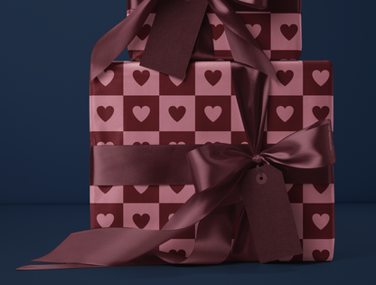 Checkered Heart Wrapping Paper | Geometric Heart Pattern in Warm Rose & Classic Red