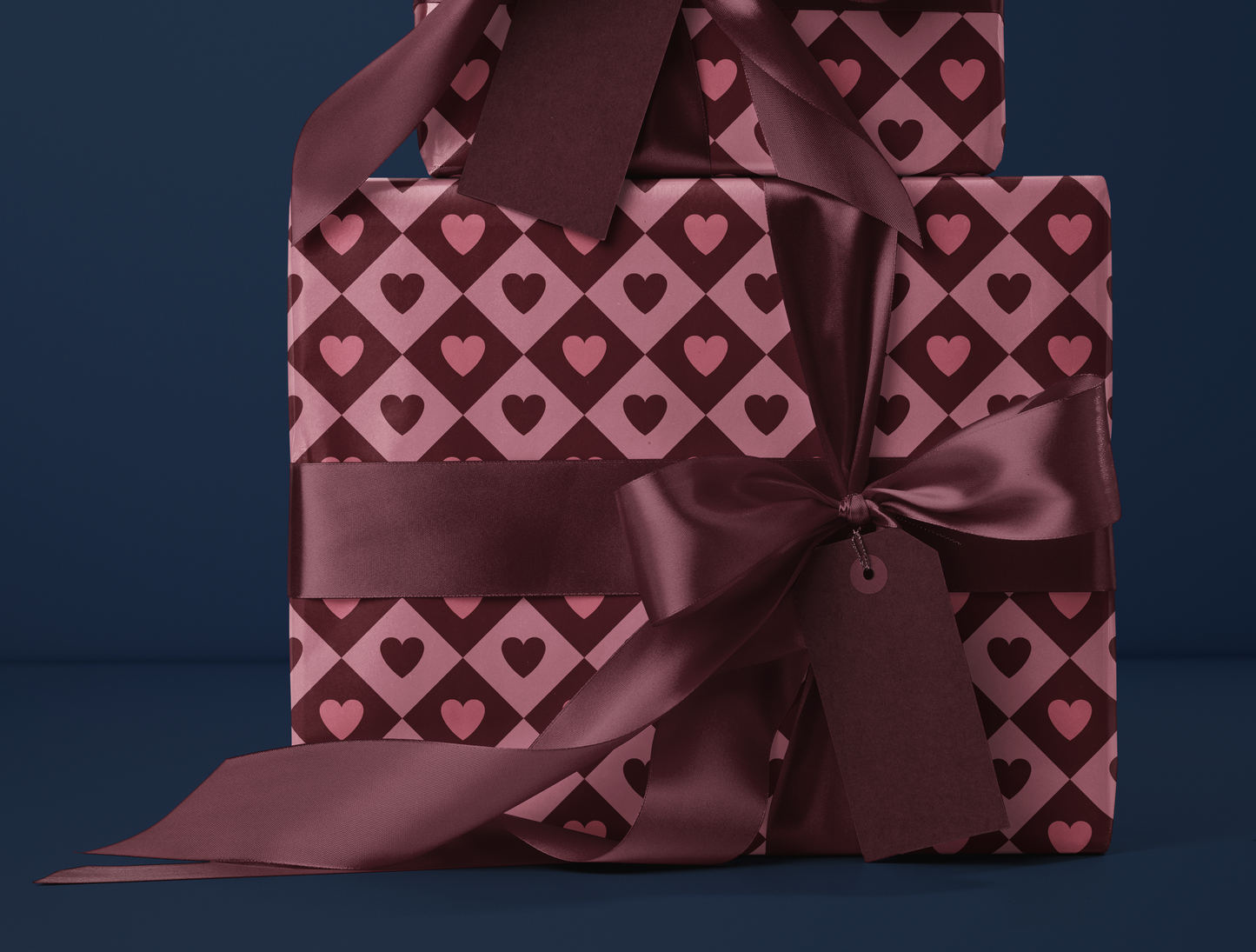 Diamond Heart Wrapping Paper | Harlequin Geometric Pattern in Warm Rose & Classic Red