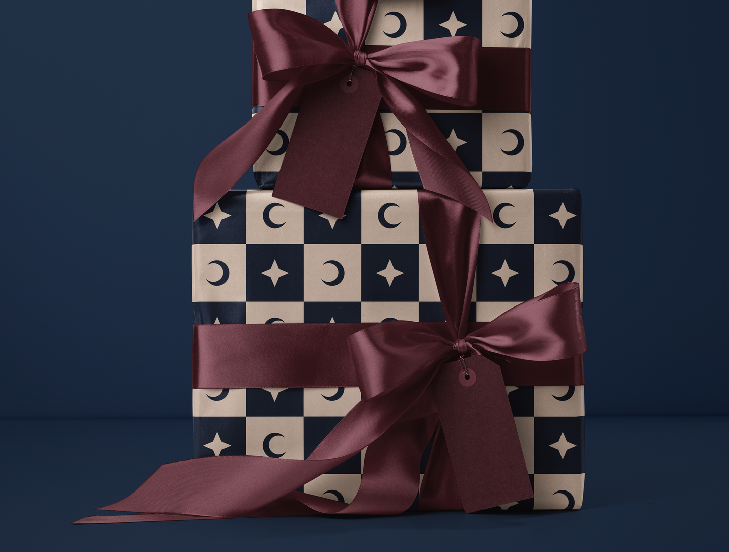 Checkered Moon - Star Wrapping Paper | Celestial Geometric Pattern in Navy & Warm Cream