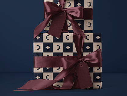 Checkered Moon - Star Wrapping Paper | Celestial Geometric Pattern in Navy & Warm Cream