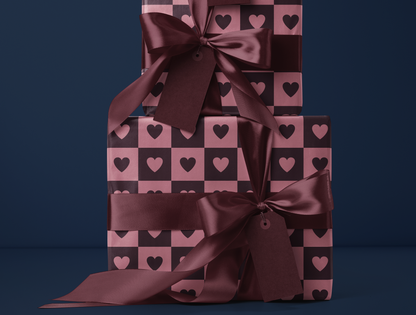 Checkered Heart Wrapping Paper | Geometric Heart Pattern in Dusty Pink & Muted Wine