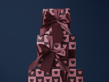 Checkered Heart Wrapping Paper | Geometric Heart Pattern in Dusty Pink & Muted Wine