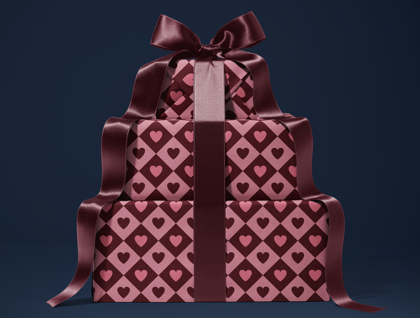 Diamond Heart Wrapping Paper | Harlequin Geometric Pattern in Warm Rose & Classic Red