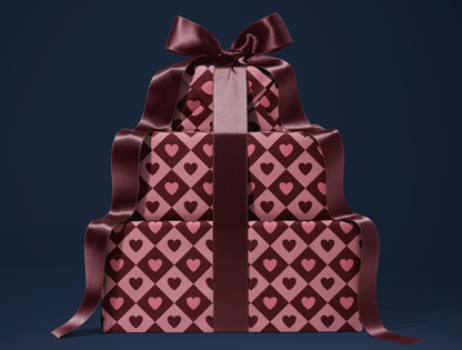 Diamond Heart Wrapping Paper | Harlequin Geometric Pattern in Warm Rose & Classic Red
