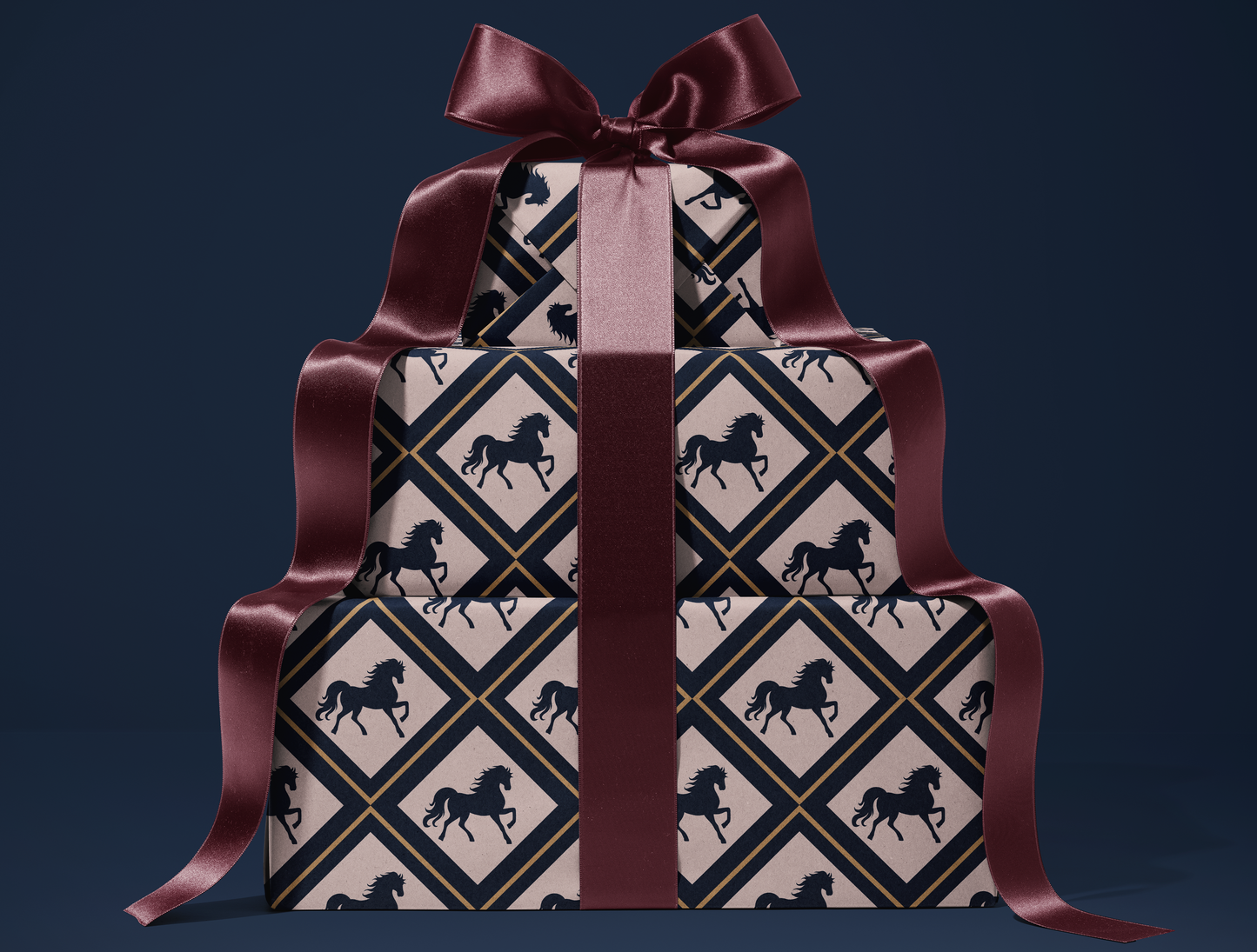 Diamond Horse Wrapping Paper | Geometric Diamond Horse Pattern in Navy - Blush & Gold