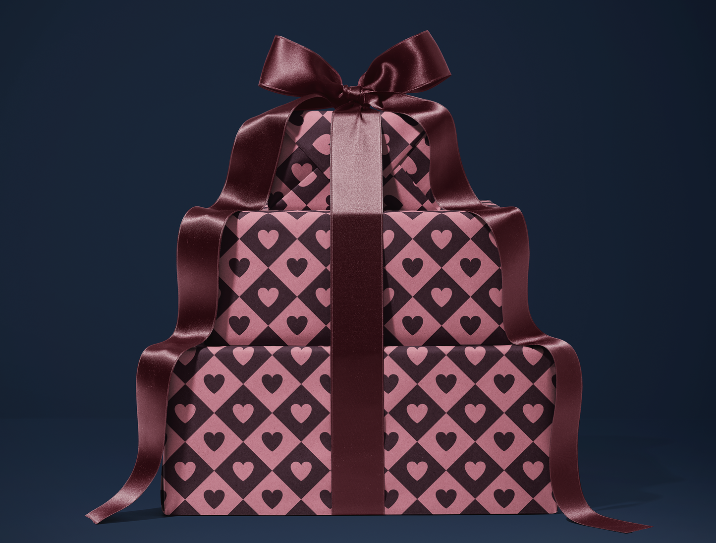 Diamond Heart Wrapping Paper | Harlequin Geometric Pattern in Dusty Rose & Deep Wine