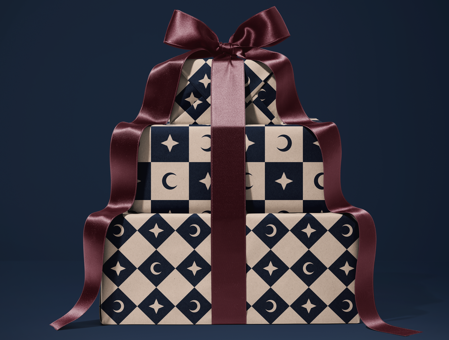 Checkered Moon - Star Wrapping Paper | Celestial Geometric Pattern in Navy & Warm Cream
